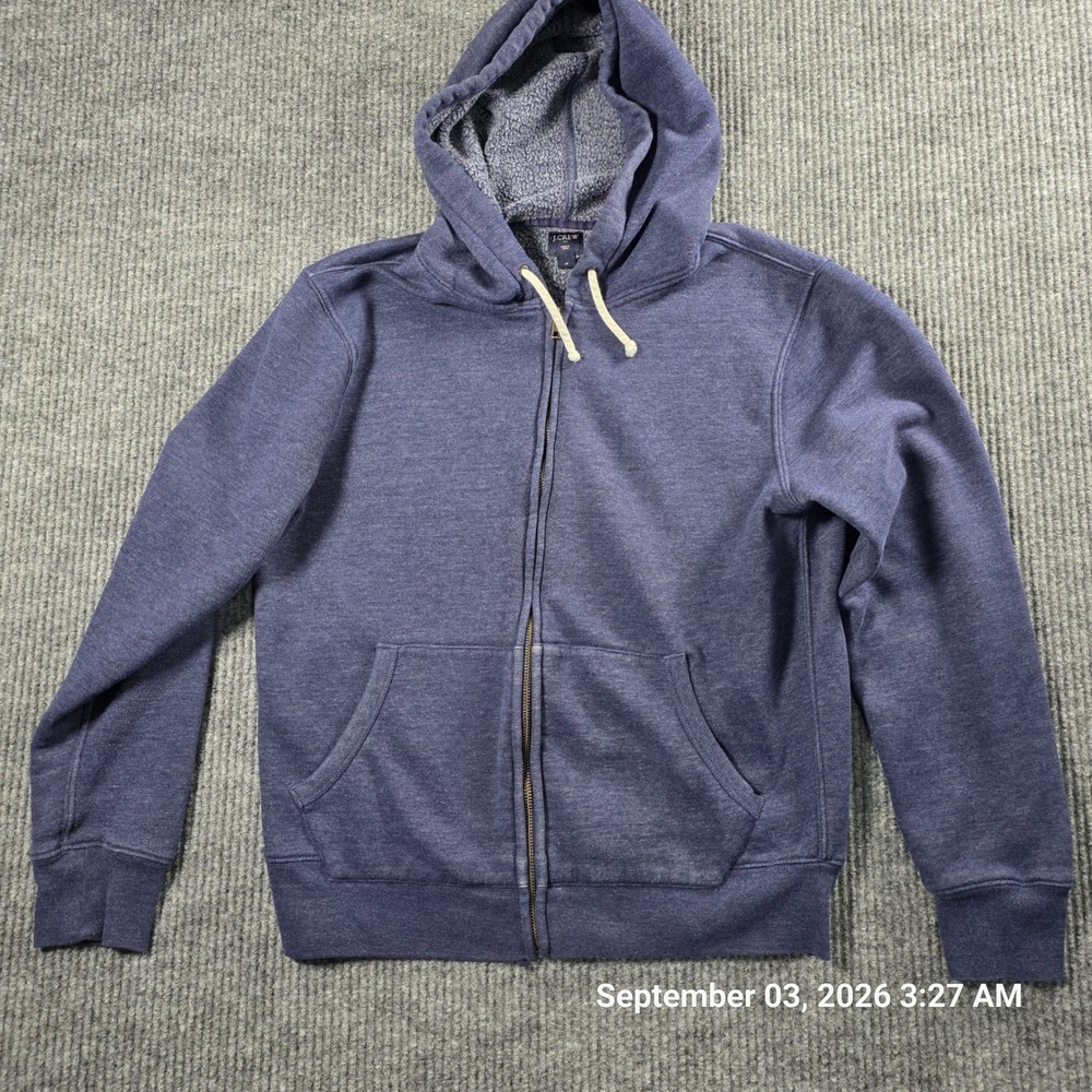 J.Crew Mens Sherpa Lined Full Zip Hoodie Navy Blue Fleece Sweatshirt Medium